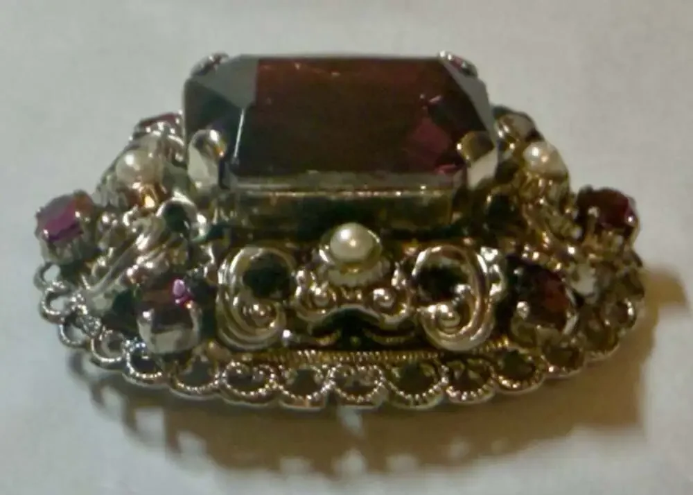 Vtg German Filigree Brooch / Large Purple Glass Stone Faux Pearls 2 x 1.5